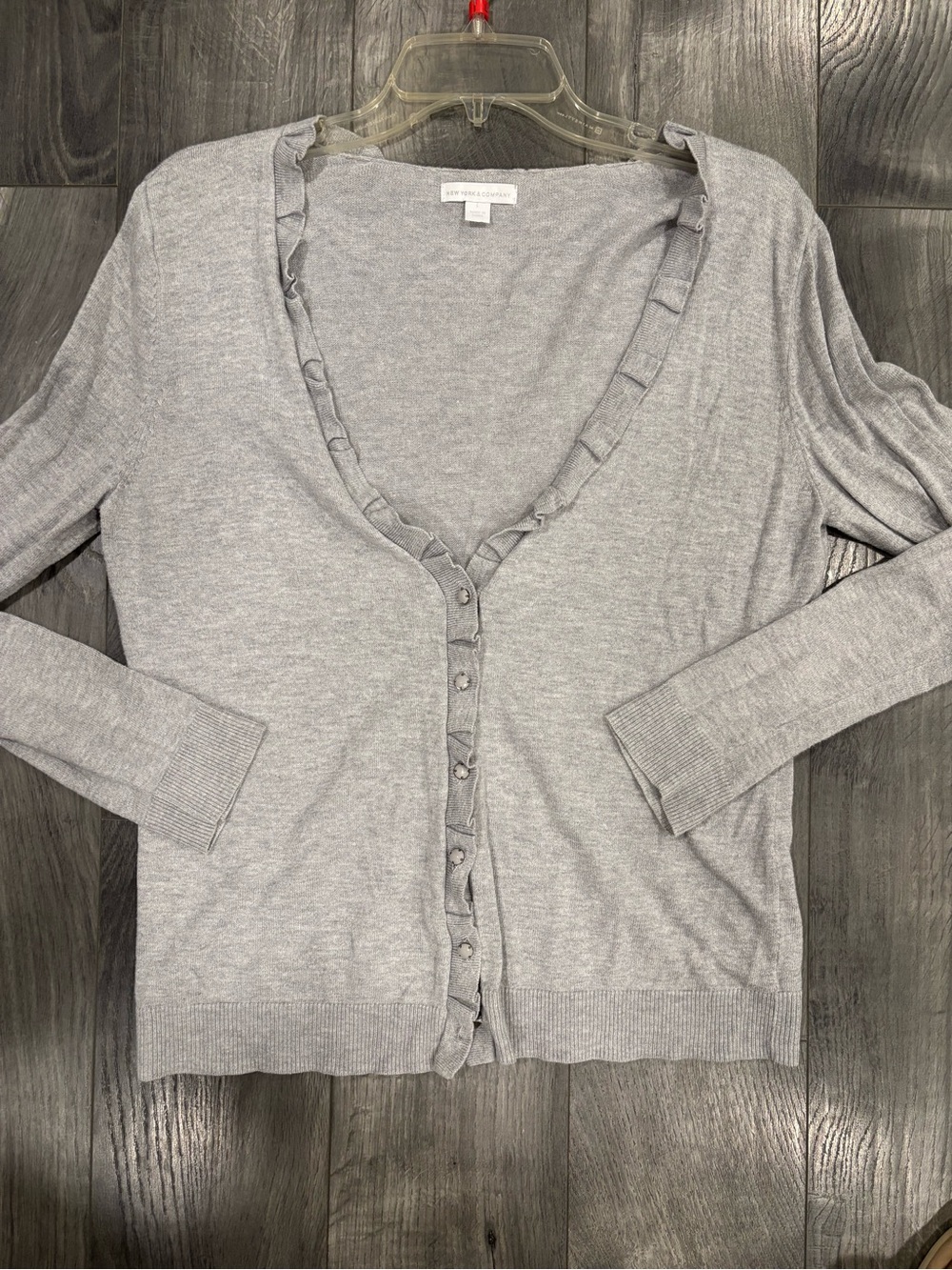 New York & Company Light Gray Ruffle-Trim V-Neck Cardigan Sweater